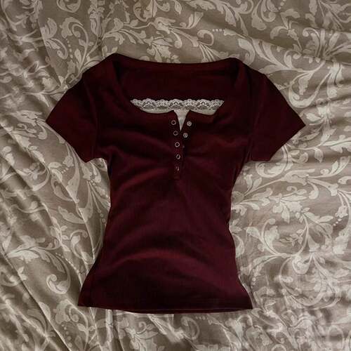 2026 lace button short sleeved T-shirt top for women