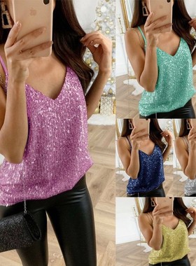 Glitter Silver dot halter tank top亮晶晶银点珠光V领吊带T恤女
