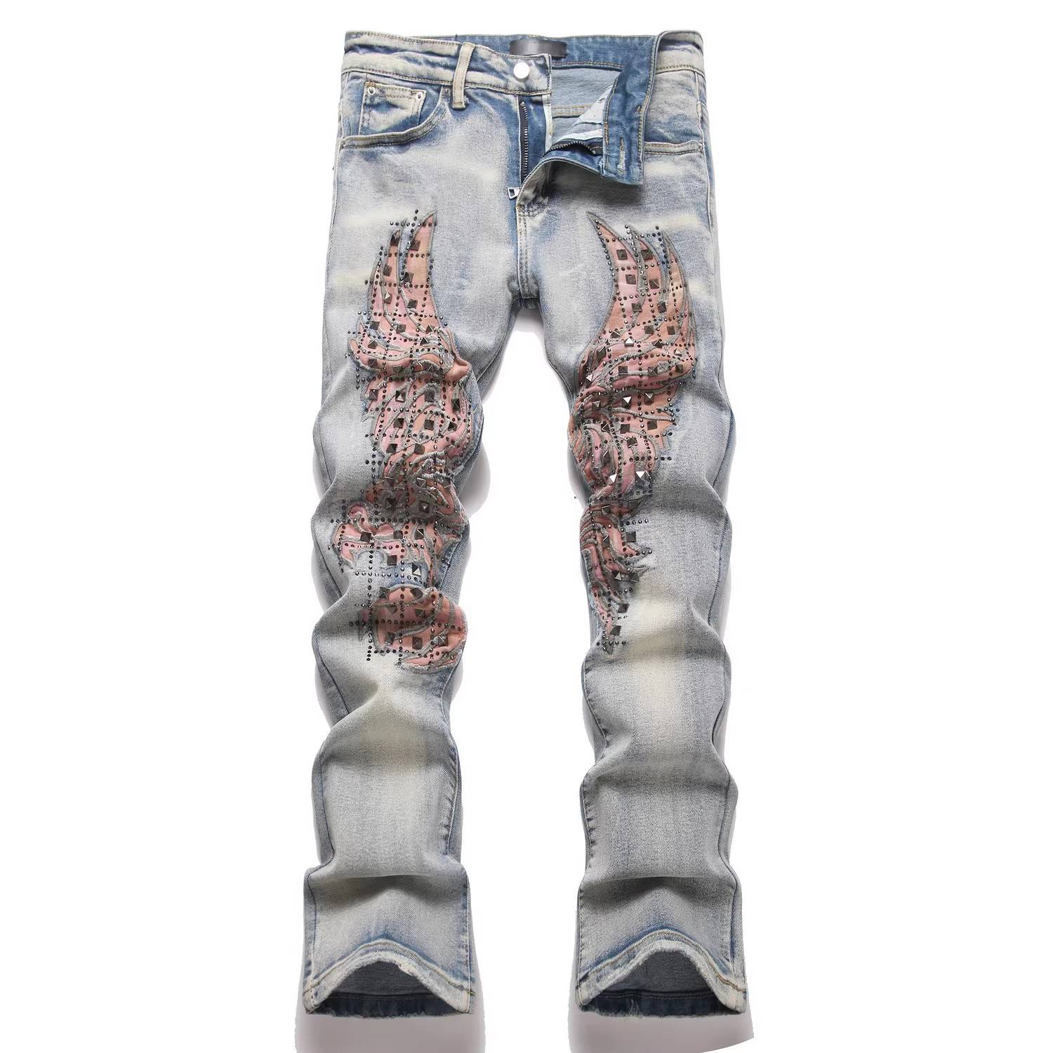 Men Straight Flared Jeans 男士铆钉刺绣弹力修身微喇叭牛仔裤