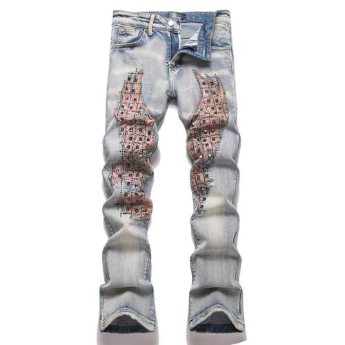 Men Straight Flared Jeans 男士铆钉刺绣弹力修身微喇叭牛仔裤