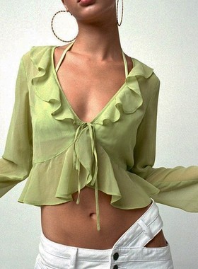 90s shirts Y2K Fashion Sexy Deep V Lace Up Long Sleeve Tops