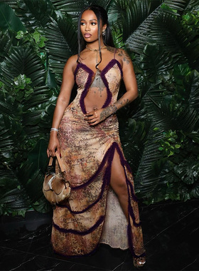 New camisole hollowed out lace slit dress 镂空花边开衩连衣裙