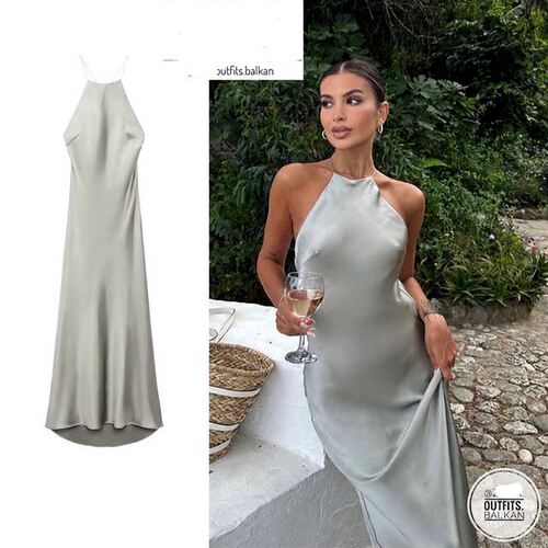欧美时尚性感仿真丝缎露背吊带连衣裙长裙 Sexy Silk Satin Dress