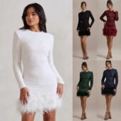 sequin dress sleeved Women color long solid feather