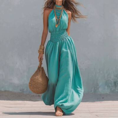 街头风女装挂脖无袖连体裤女夏季中腰收腰灯笼裤度假长裤jumpsuit