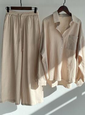 Ladies 2 Piece Set 2022 Cotton Linen Shirt Suit Loose Pants