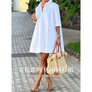 白色宽松五分袖A字衬衣裙 Loose Half Sleeve A-Line Shirt Dress