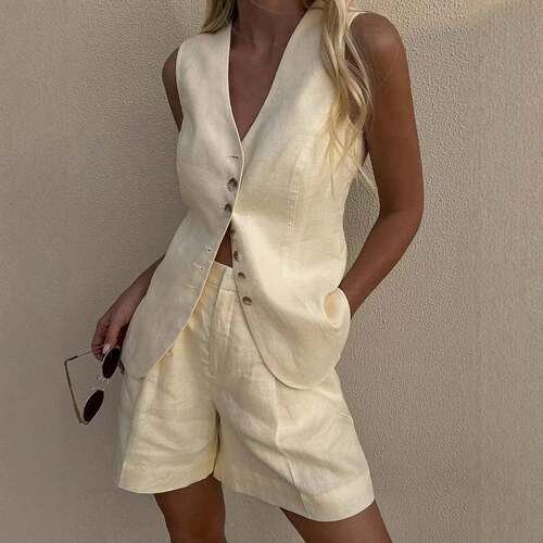 欧美夏季休闲棉麻无袖背心马甲短裤套装Vest and shorts set suit