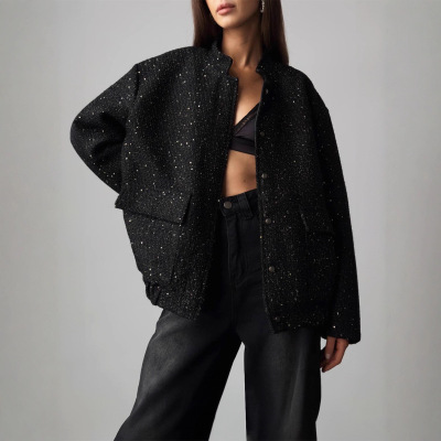 欧美新款时尚金丝亮片上衣立领宽松夹克外套 Sequin loose jacket