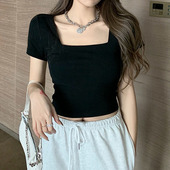 高腰短款 露脐t恤女2022summer 方领短袖 women sexy shirts tops
