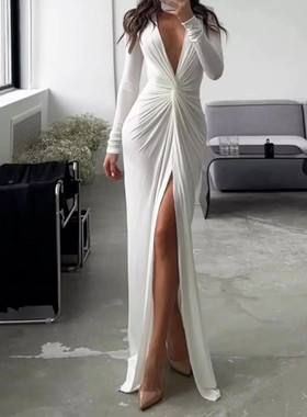 Pleated long dress 欧美性感V领长袖扭结开叉褶皱连衣裙礼服长裙