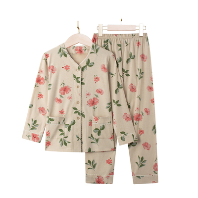 彩棉女士长袖开衫家居服套装