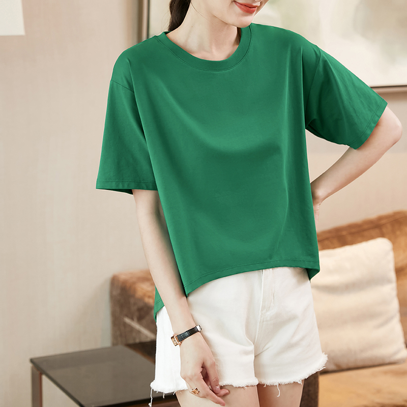 前短后长短袖t恤女夏装时尚设计感大码胖mm宽松纯色遮臀体恤上衣