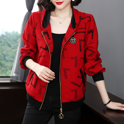 红色连帽拉链开衫短款外套春秋冬