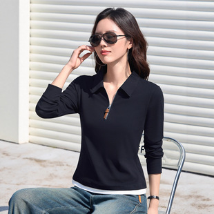 翻领polo衬衫假两件设计感上衣气质女士衣服t恤卫衣辣妹大码妈妈