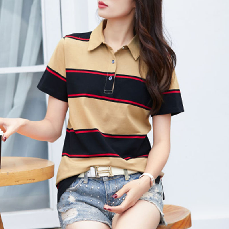彩色条纹短袖polo领上衣女时尚美式大码女装胖mm显瘦纯棉衬衫t恤