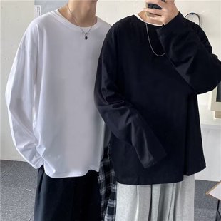 春秋上衣服 纯色长袖 t恤男春季 ins港风潮流百搭宽松内搭打底衫 男士