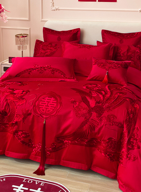 婚庆四件套婚嫁新婚床品刺绣被套红色结婚礼婚房婚床喜庆绣花套件