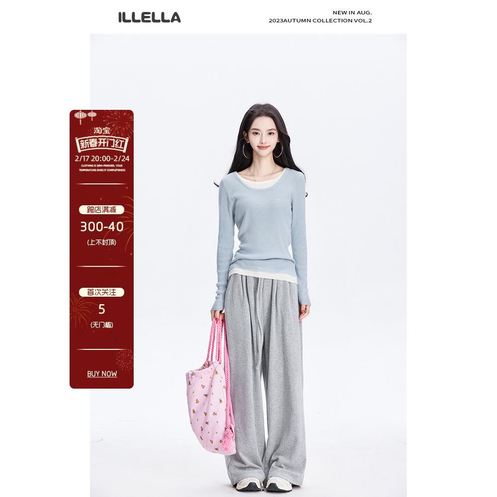 ILLELLA 假两件毛针织衫女春秋甜美薄款修身内搭打底毛衣长袖上衣