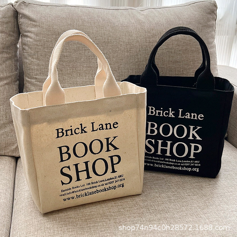 复古百搭帆布手提包迷你小包包大容量字母印花帆布袋外出便当袋女