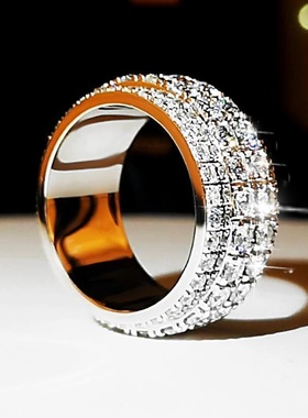 高档镶嵌莫桑石戒指男士18k白金欧美闪耀满天星运转 新款经典