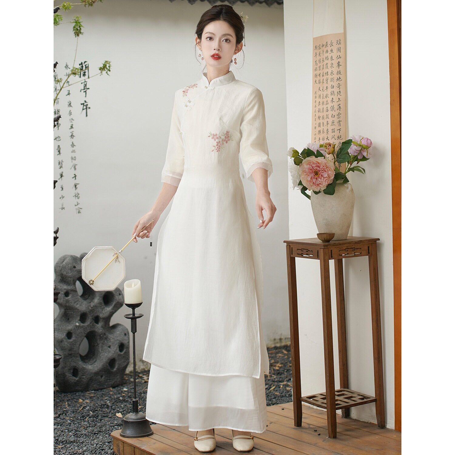 2025春夏新款女装新中式日常禅意茶服刺绣七分袖旗袍松紧腰套装