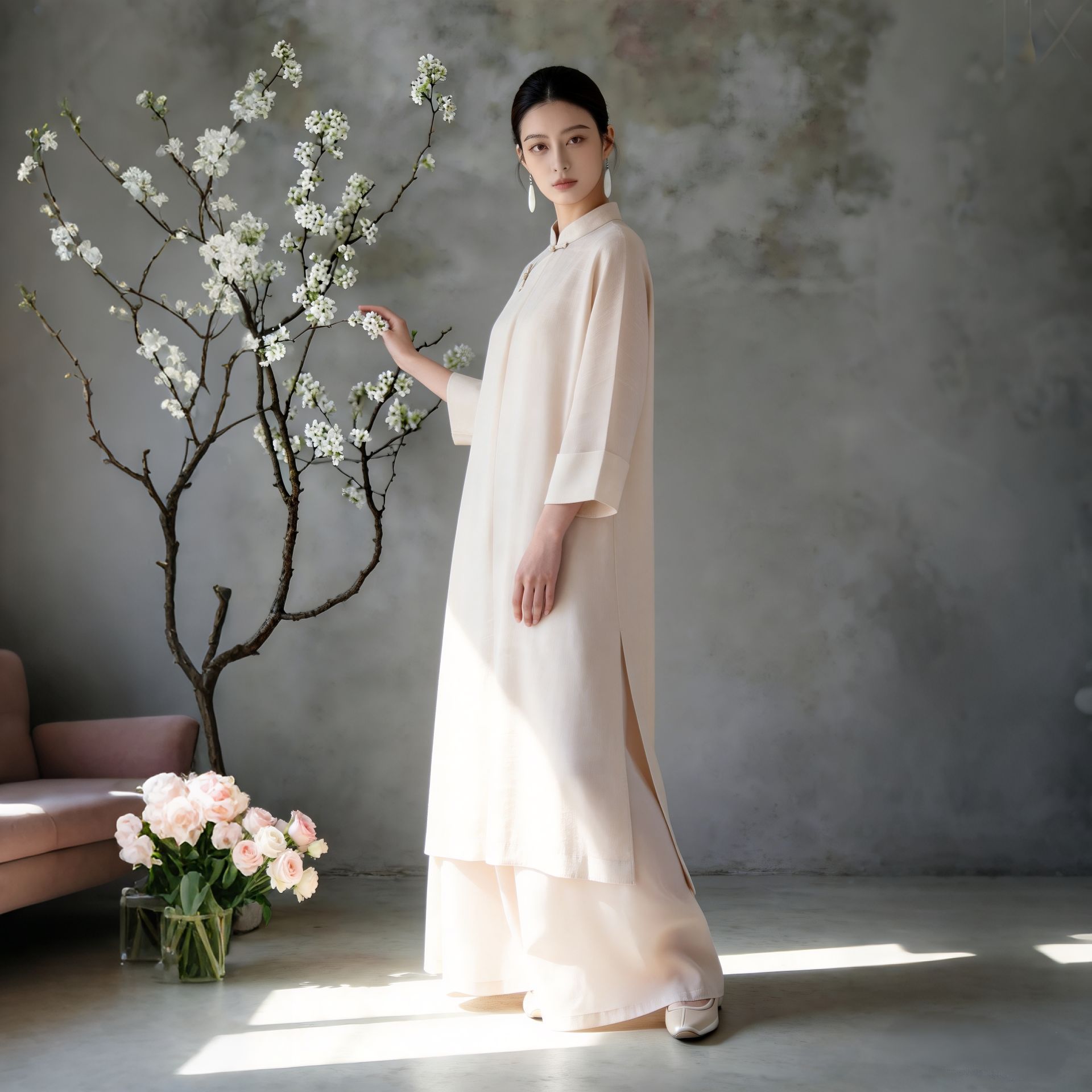 9259茶杏新中式两件套2026新款春装国风禅意茶服宽松斜襟立领长衫