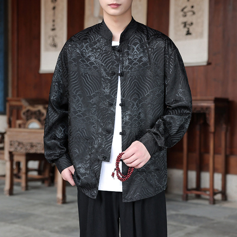 男式新中式衬衫中国风长袖男士上衣春秋季复古汉服盘扣唐装花衬衣