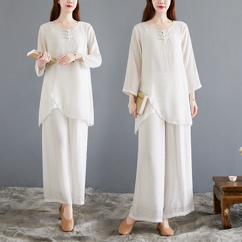 禅舞服装女套装中国风禅意仙女飘逸白色茶服禅服大码两件套代发棉