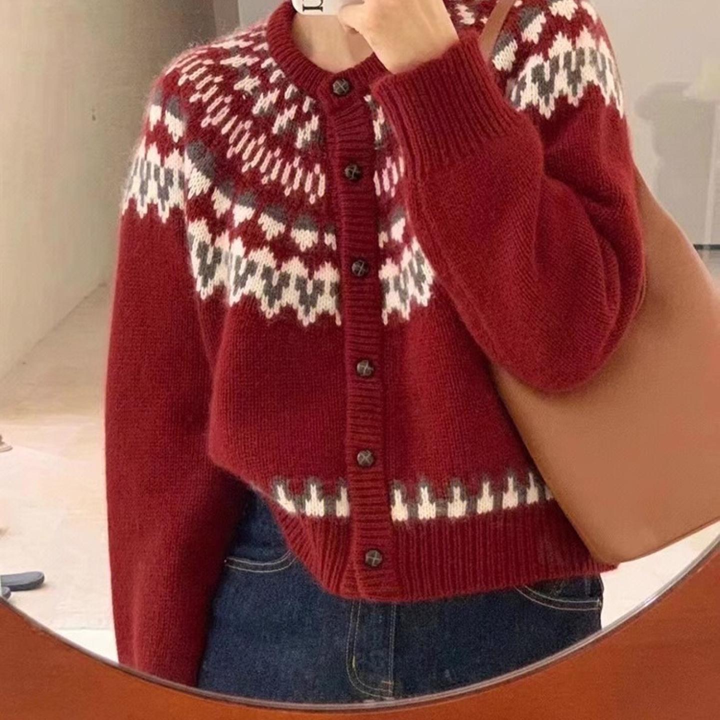 100%山羊绒毛衣外套开衫女费尔岛