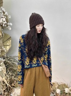 100%纯山羊绒毛衣女短款2025秋冬新款复古提花拼色针织加厚打底衫