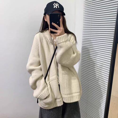 100%山羊绒开衫女加厚2026秋冬新款百搭宽松翻领拉链针织毛衣外套
