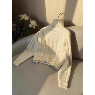 100%纯山羊绒高领毛衣女秋冬新款宽松时尚短款麻花套头针织打底衫