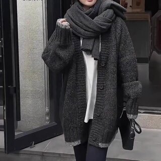 2026秋冬新款纯山羊绒开衫女中长款加厚宽松大码针织毛衣外套