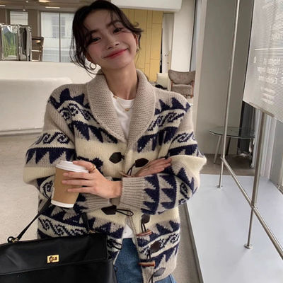 100%山羊绒开衫女加厚提花拼色