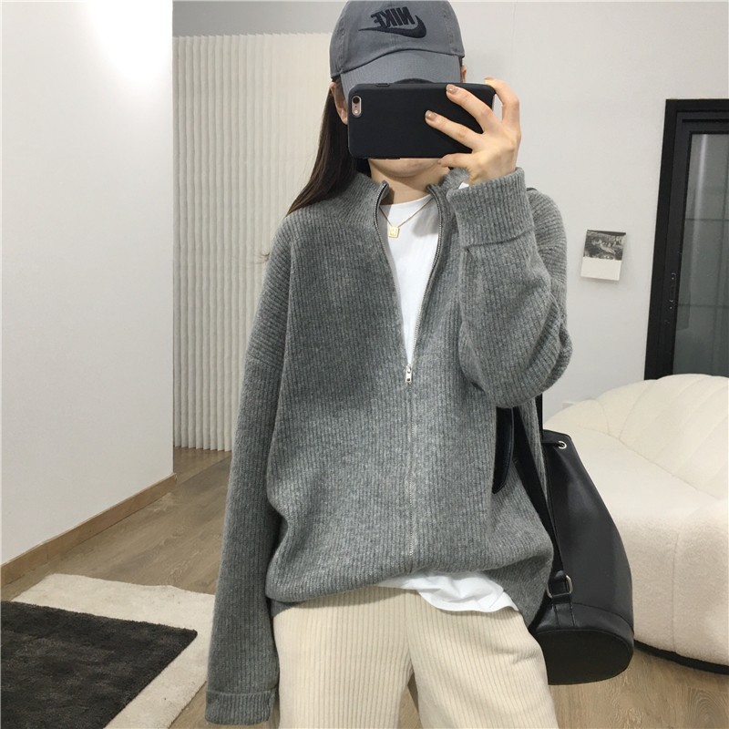 娇艳猫拉链100%纯山羊绒针织开衫
