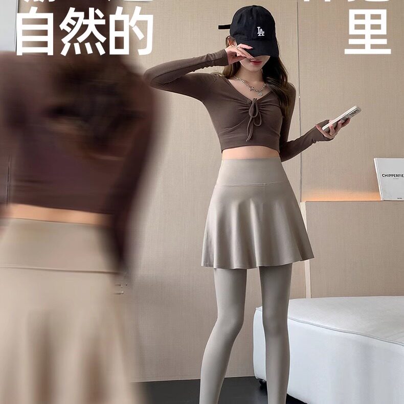 假两件女新款大码打底裤裙裤春夏鲨鱼瑜伽裤外穿芭比裤九分运动