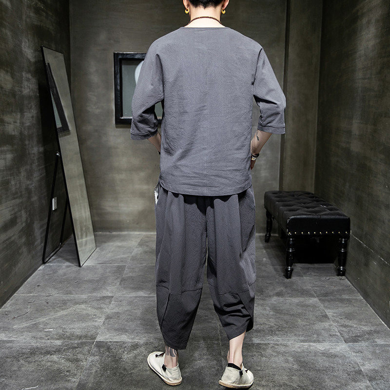 중국 스타일 남성 여름 당나라 정장 반팔 티셔츠 복고풍 트렌드 브랜드 고대 의상 청소년 HANFU 린넨 2 피스 세트 남성용