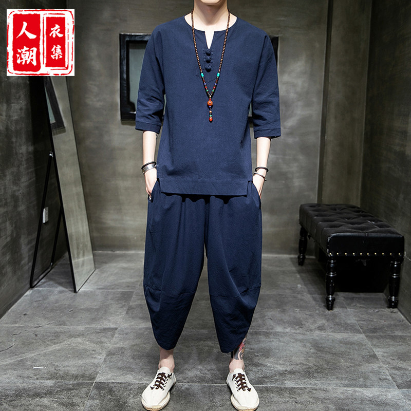 중국 스타일 남성 여름 당나라 정장 반팔 티셔츠 복고풍 트렌드 브랜드 고대 의상 청소년 HANFU 린넨 2 피스 세트 남성용