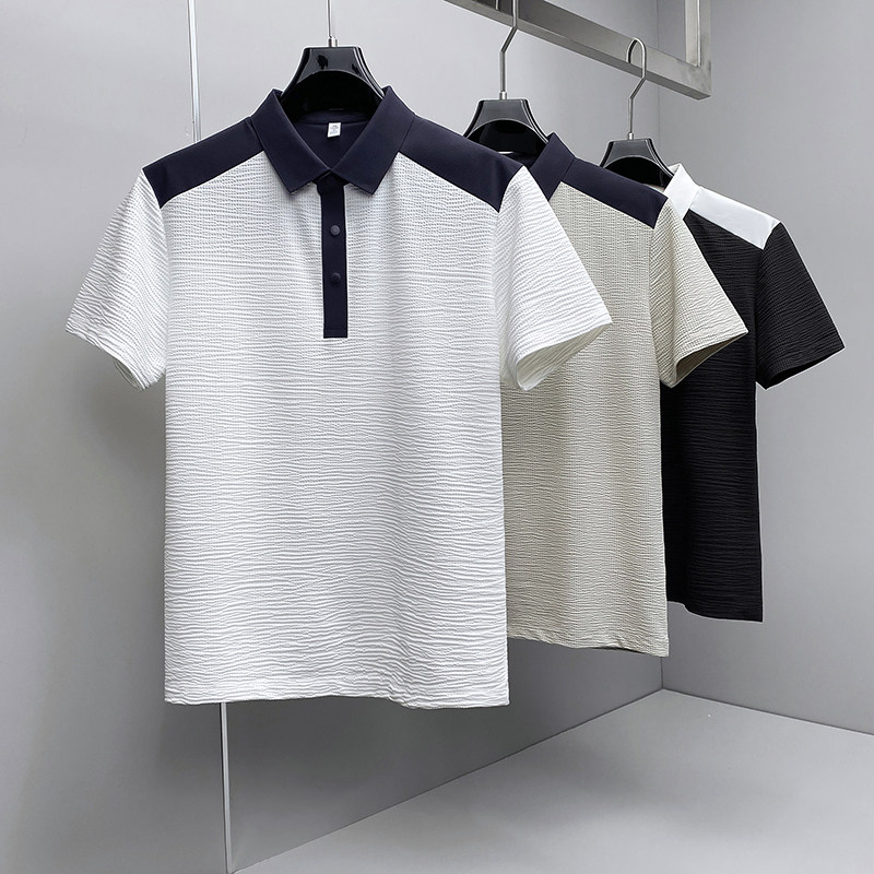 肌理感翻领26夏季老钱新款撞色商务冰丝修身POLO衫D817-P78挂拍白，男装Polo衫，钱塘6023