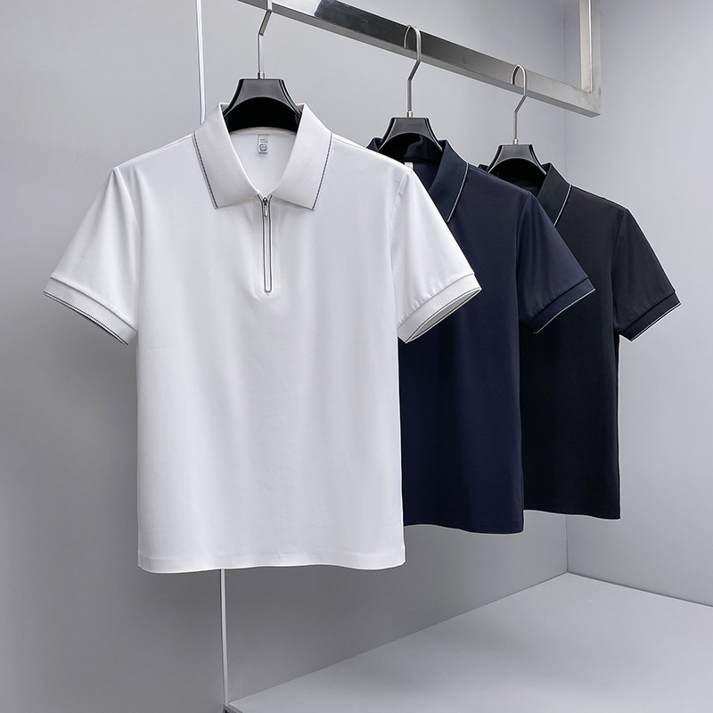 2026夏季新款拉链纯色商务冰丝修身POLO衫翻领短袖3021-P88挂白，男装T恤，钱塘6023