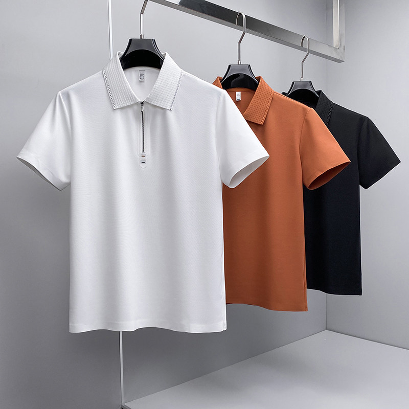26夏季新款拉链纯色商务冰丝无痕修身POLO衫翻领短袖3011-P88挂白，男装T恤，钱塘6023