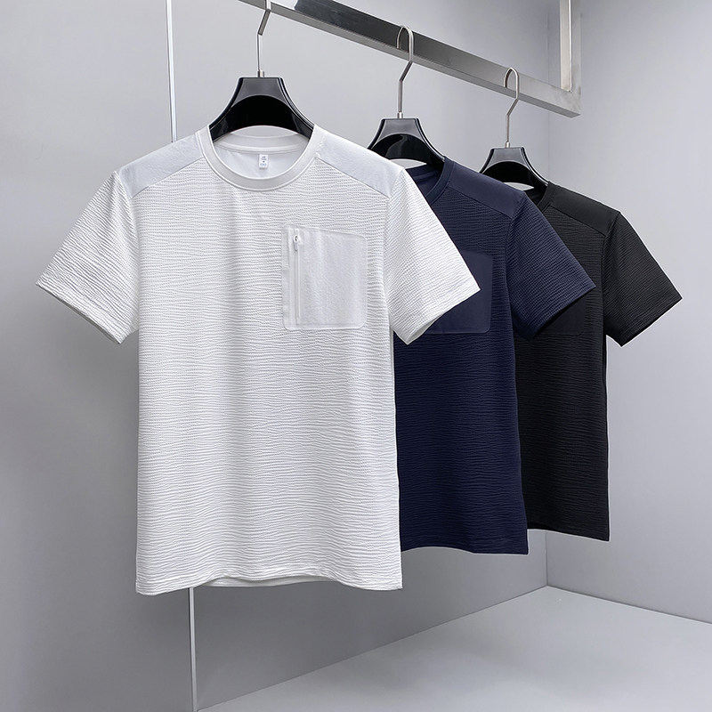 老钱2026夏季新款男士拼接圆领短袖T恤冰丝抗菌半袖Y008-P73挂白，男装T恤，钱塘6023