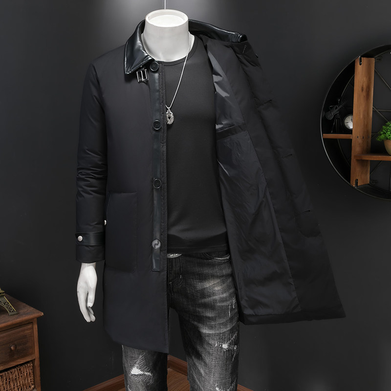 超柔蛋白冬季新款皮料拼接中长款羽绒服男90白鸭绒9823-P345假模,男装羽绒服,钱塘6023