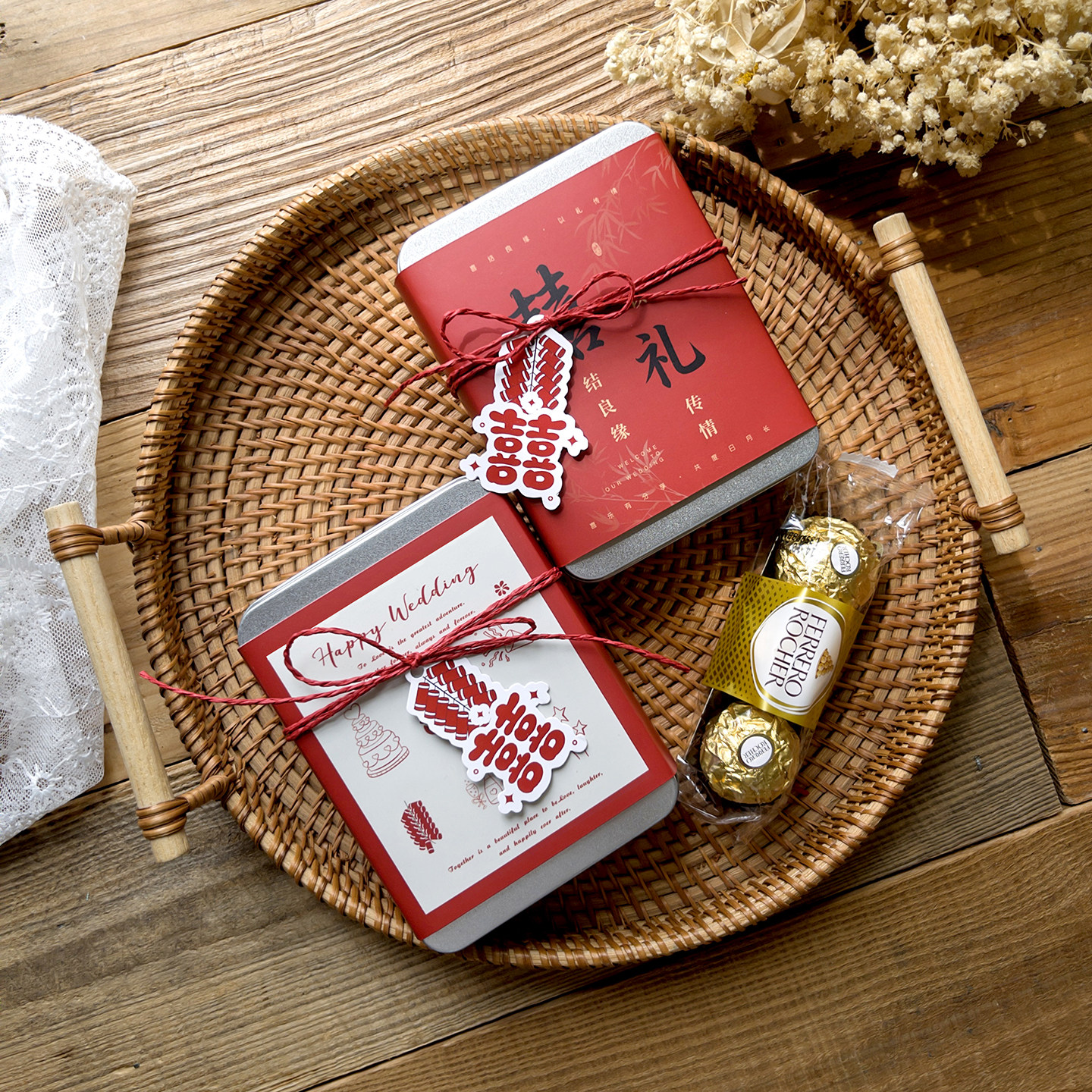 煜天复古风马口铁糖盒婚礼喜糖盒创意个性红色双喜字装饰糖盒套装