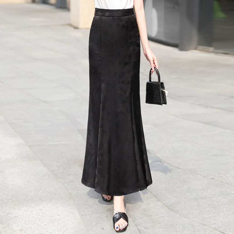 新中式包臀鱼尾裙女夏季薄款醋酸缎面高级感提花国风半身裙长裙子