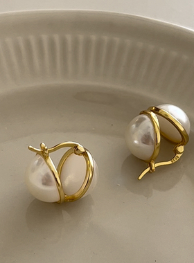 925纯银复古珍珠耳环女新款ins法式轻奢高级感18k金圆形耳扣耳坠