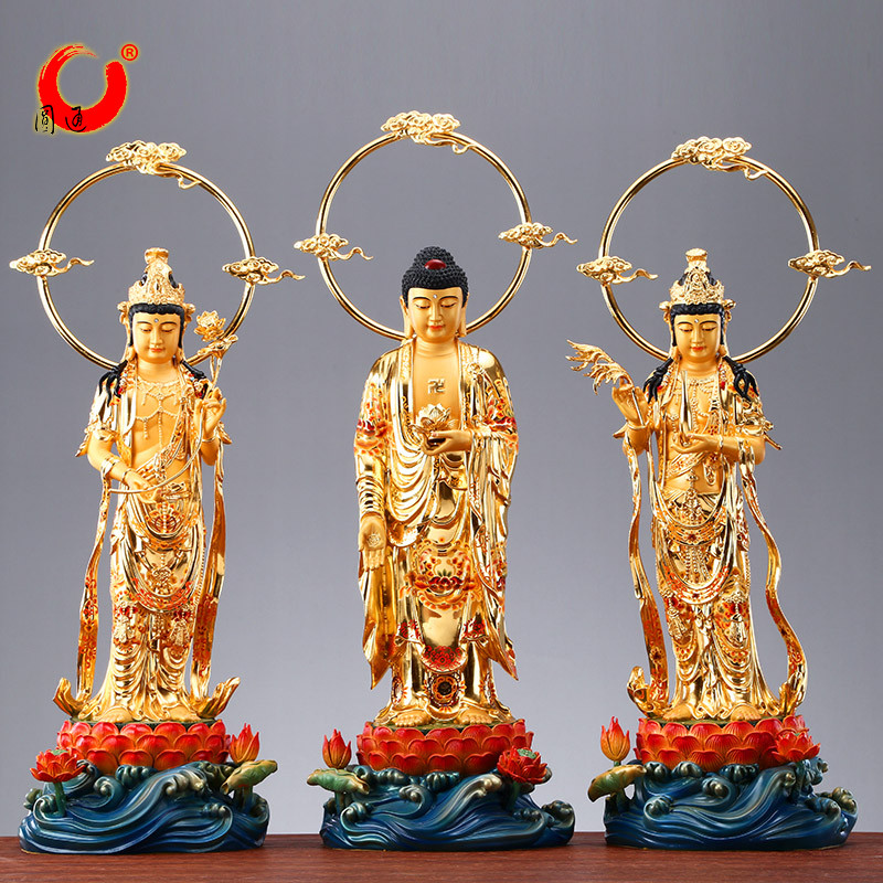 彩绘贴金西方三圣铜像 黄铜站阿弥陀佛像 观音佛像 供奉 家用摆件