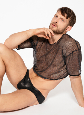 MANSTORE 性感闪耀透气网眼宽松露脐圆领男士短袖T恤2-11991