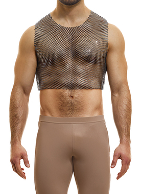 MODUS VIVENDI 柔软舒适奢华水晶透视网眼露脐男士无袖T恤15331